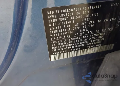 2017 Volkswagen Tiguan 2.0T/2.0T S z USA, uszkodzony, nr VIN WVGBV7AX1HK040971